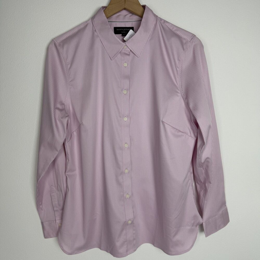 Banana Republic Shirt Womens 14 Pink Striped Tailored Fit Button Long Sleeve